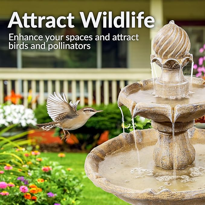 Sunnydaze 35" Solar 2-Tier Outdoor Water Fountain - Garden Water Feature with Battery Backup and Pump - Earth