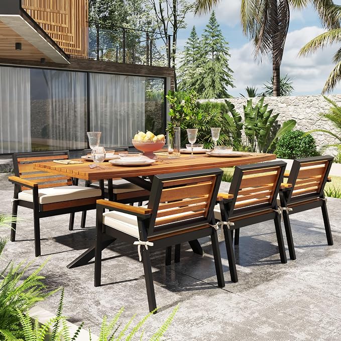 Outdoor 7-Piece Patio Dining Set, Acacia Wood with Iron Frame, All-Weather Rectangle Table and 6 Chairs with Dual-Layer Iron & Wood Seat Frame and Cushions for Backyard Poolside (Beige-5.14G)