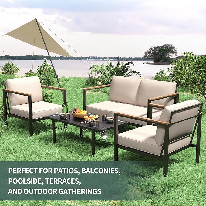 Outdoor Patio Furniture Sets of 4, Metal Patio Conversation Sets with Coffee Table, Outside Seating Furniture with Loveseat, 2 Chairs and Thick Cushions for Porch, Apartments, Deck, Bistro, Garden