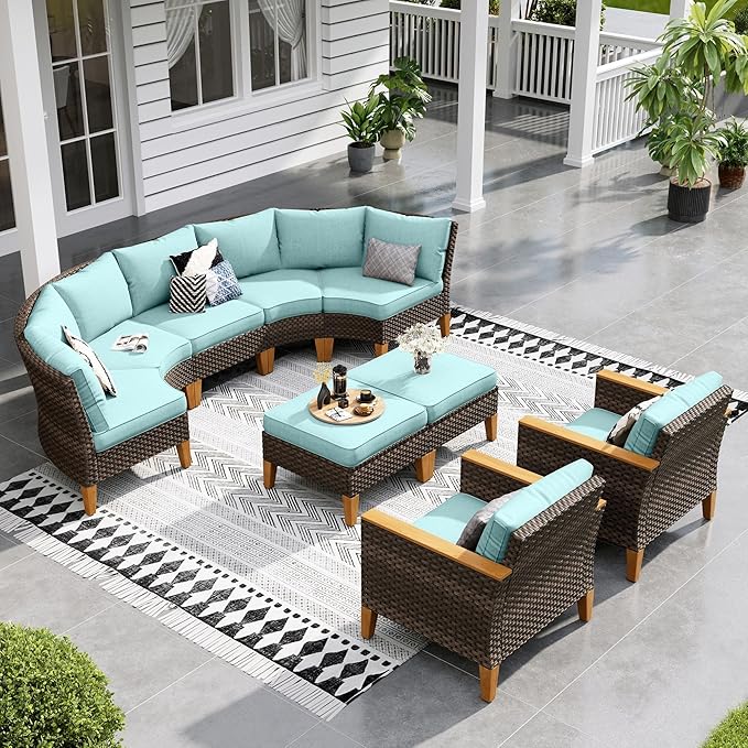 Sophia & William Outdoor Wicker Sectional Sofa Set, 9 Piece Half Moon Curved Patio Furniture Modern Round Outdoor Couch Conversation Set with Ottoman for Backyard, Pool, Garden(Aqua Blue)