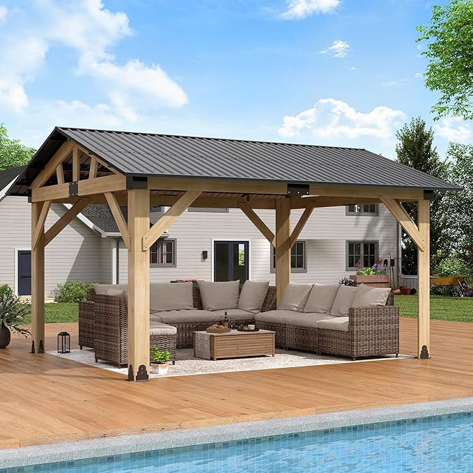 12' × 14' Wood Gazebo, Outdoor Cedar Hardtop Wooden Frame Gazebos with Galvanized Steel Roof for Garden, Patio, Deck