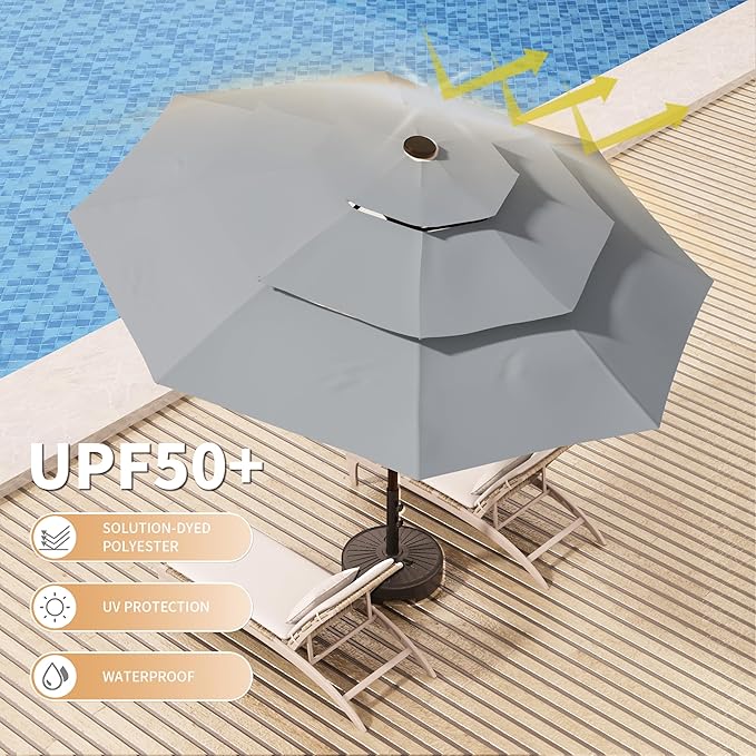 9FT 3-Tier Large Outdoor Patio Umbrella Market Table Umbrella-UV Resistant,Easy Push Button Tilt and Crank,8 Sturdy Fiberglass Ribs Heavy-Duty Pool Umbrella for Deck,Backyard,Garden,Yard,Light Gray