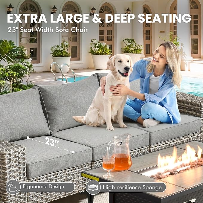 4 Pcs Patio Outdoor Furniture Set - All Weather Wicker Outdoor Sectional Sofa Couch with Ottoman,Patio Modular Rattan Conversation Set for Garden Deck Yard,Dark Grey