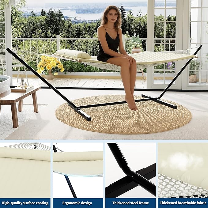 Heavy Duty 2 Person Double Hammock with Portable Adjustable Steel Stand, Outdoor Hammock with Pillow for Patio, Garden, Beach, Backyard Camping