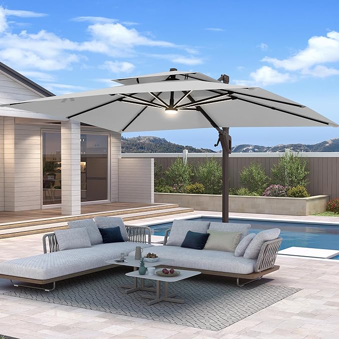 10 X 13 FT Cantilever Patio Umbrella with Base Included & Led Lights Outdoor Rectangle Offset Large Double Top Heavy Duty Umbrellas 360°Rotation for Pool Deck Backyard,Fog Gray
