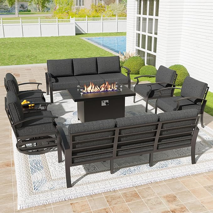 Kullavik Aluminum Patio Furniture Set,8 Pieces 10 Seat Metal Outdoor Furniture Conversation Set w/45 Propane Gas Fire Pit,Swivel Rocking Chairs Set,Black