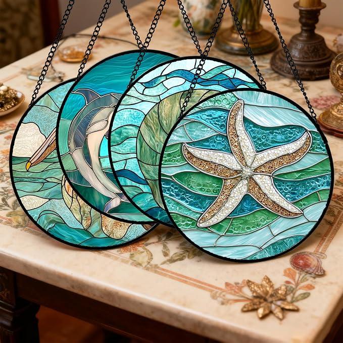 DASTOLL Stained Glass Window Hanging 4 Pcs Set Cyan Ocean Life Theme Large 11.8" - Sea Starfish Suncatcher Door Garden Sun Catcher Decor Birthday for Mom Woman Nana Men Friend