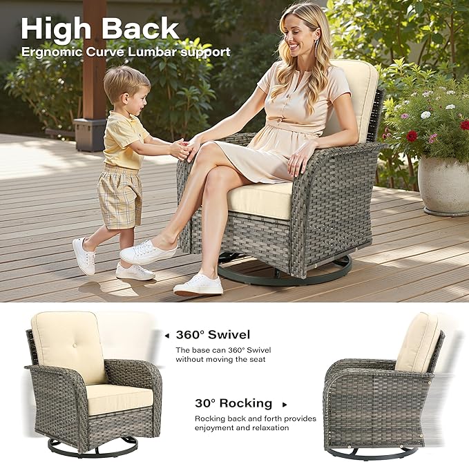 7 Pieces Patio Conversation Sets,Patio Furniture Set with Swivel Rocking Chairs,Coffee Table, Side Table, All Weather Rattan Wicker Outdoor Sectional Furniture Set for Porch Balcony Backyard Beige