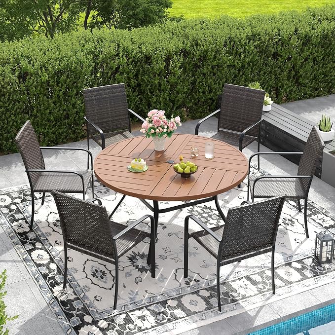 DIFY 7 Piece Outdoor Dining Set for 6, 47.2" Walnut Round Metal Dining Table with Umbrella Hole and Stackable Wicker Patio Chairs, All-Weather Patio Table and Chairs Set for Deck Garden Backyard