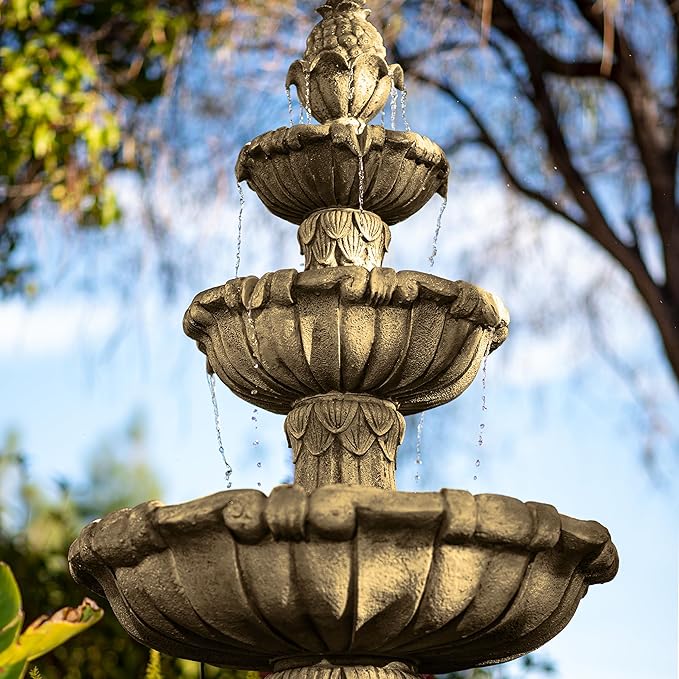 XBrand 58.3" 3-Tier Outdoor Freestanding Water Fountain - Classic Leaf Design, White Resin, Large Bird Bath with Pump - Ideal for Yard, Lawn and Garden, Porch Décor