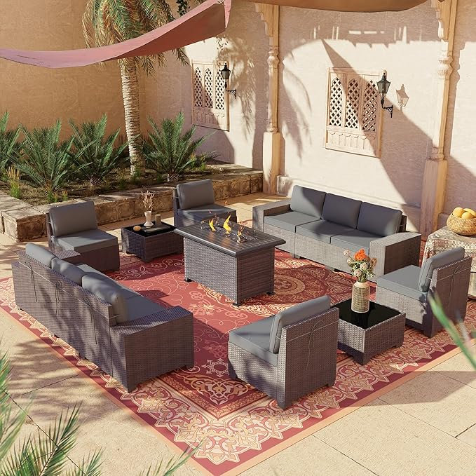 13 PCS Outdoor Patio Furniture Set,Outdoor Sectional Furniture with 43" 55000 BTU Gas Propane Fire Pit Table,All Weather PE Rattan Wicker Patio Conversation Set,Grey