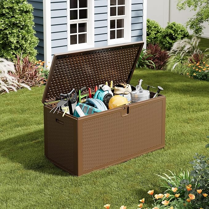 150 Gallon Resin Deck Box, Heavy Duty Outdoor Storage Box with Lockable Lid, Waterproof Weatherproof Container for Patio Cushions, Garden Tools, Backyard & Porch – Brown
