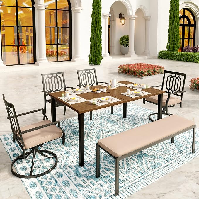 SUNSHINE VALLEY Patio Dining Set,60x36 Outdoor Table w/Umbrella Hole | Outdoor Table and Chairs Set w/ Umbrella Hole, 2 Leg Chairs, 2 Swivel Chairs, 1 Metal Table and 1 Cushioned Bench