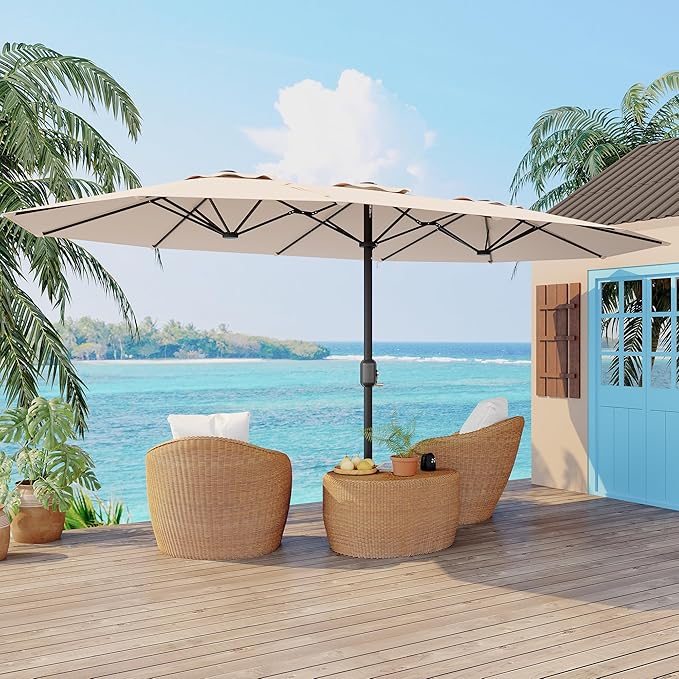 GarveeTech 15FT Double-Sided Rectangular Patio Umbrella with Base – Large Outdoor Market Umbrella for Poolside, Lawn & Backyard, Oversized Shade for 4-6 Person Tables