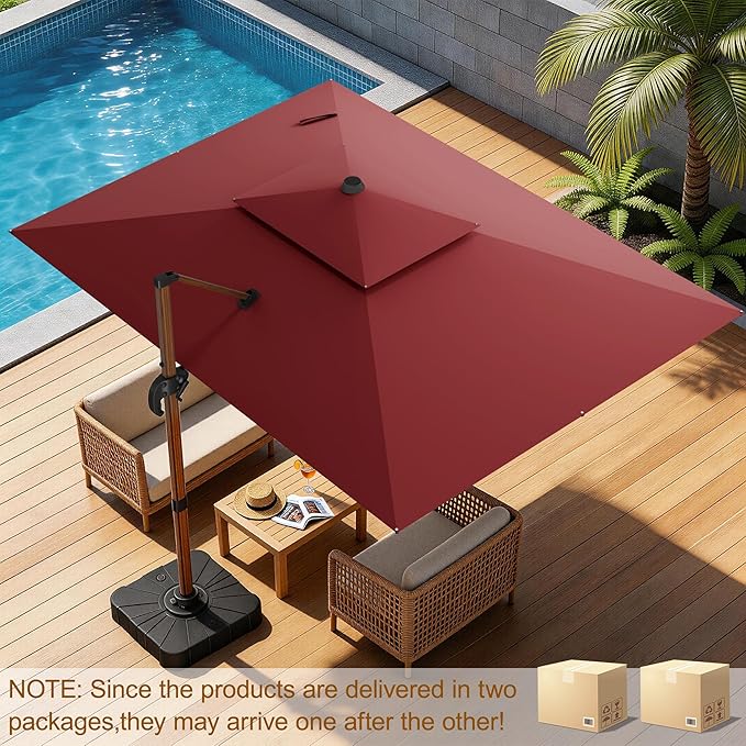 10x13FT Cantilever Outdoor Patio Umbrellas with Base, Double Top Wood Pattern Rectangle Umbrella, Heavy Duty 360°Rotation Offset Umbrella for Garden Deck Pool Patio, Red