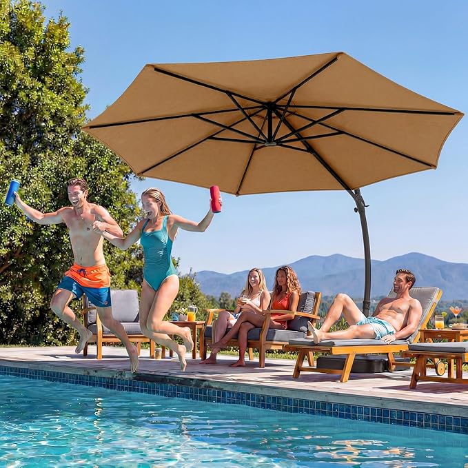 LAUSAINT HOME 12FT Curvy Cantilever Patio Umbrella with Base, 360° Rotation Offset Outdoor Umbrella, Heavy Duty Hanging Umbrella for Backyard, Pool, Garden（Tan）