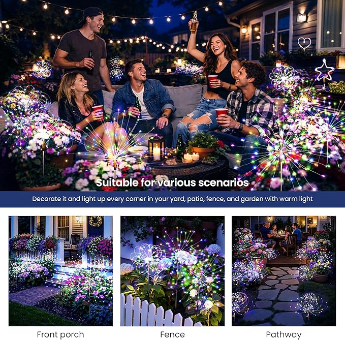 Solar Lights Outdoor, 120LED 8pack Fairy Garden Lights Decor for Outside Fireworks Lights Solar Powered for Yard, Patio, Pathway, Walkway, Balcony,Multicolor