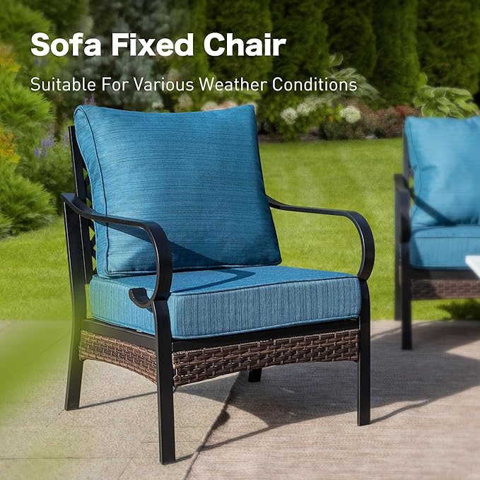 4 Piece Metal Outdoor Patio Furniture Set, Patio Conversation Sets 1 3-Seater Sofa, 2 Chairs with 5.75" Extra Thick Cushion and Coffee Table, Black Frame Backyard Furniture, Blue-2