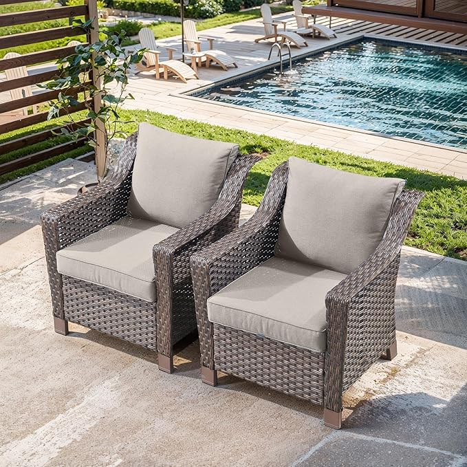 Outdoor Wicker Chair Set of 2-Outdoor Patio Chairs with Deep Seating Patio Dining Chairs for Deck Balcony Poolside Backyard-Brown/Beige