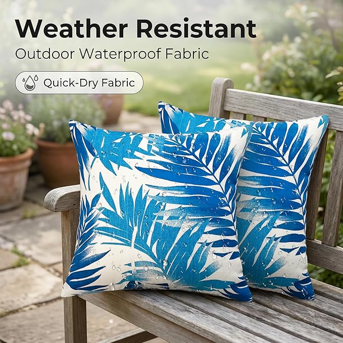 JMGBird Outdoor Pillows 2-Pack Waterproof 18x18 Throw Pillows with Inserts - Blue Leaf Pattern UV Fade Resistant Patio Cushions