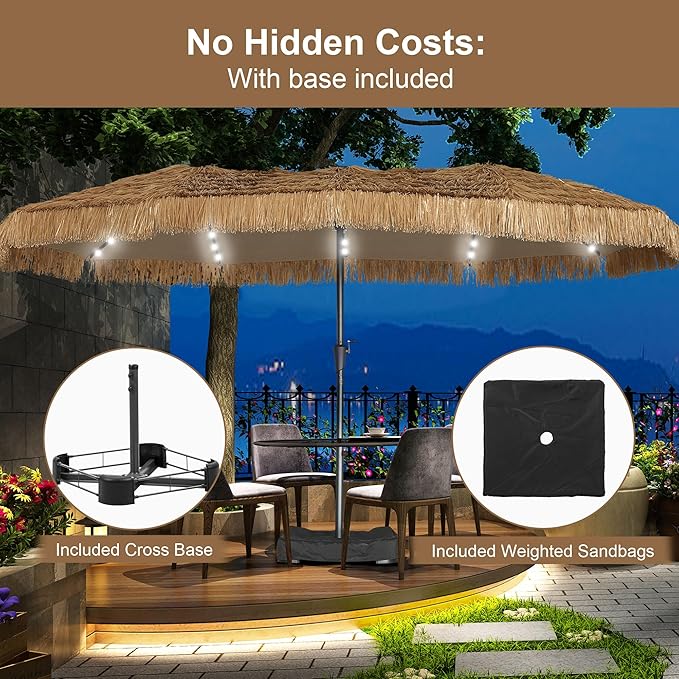 15 ft Patio Tiki Umbrella with 48 LED Lights, Large Rectangle Outdoor Solar Umbrella with Matching Base for Market, Beach, Garden, Yard