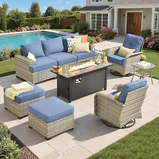 Rattan Patio Furniture Set with Fire Pit Table,9 Pieces Outdoor Sectional with Swivel Chairs Ottoman,Out Door Furniture Conversation Set,Denim Blue