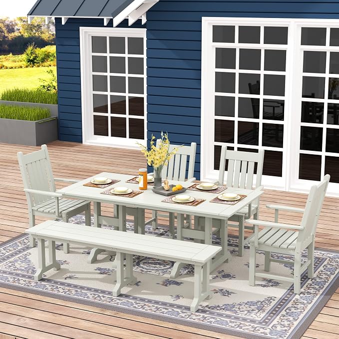 WO Home Furniture Adirondack Patio Dining Chair Table Bench Set of 6 PCS Rectangle Dinner Table Dining Arm-Chairs (Sand)