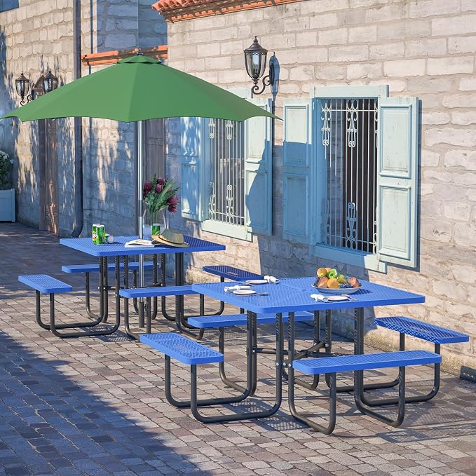 46'' Heavy Duty Outdoor Picnic Table - Commercial Grade Square Steel Picnic Table Set, Umbrella Hole, Rust-Resistant Metal Mesh Tabletop for Patio, Garden, Park, BBQ - Blue