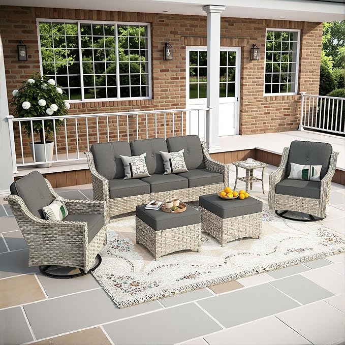 6-Piece Patio Furniture Set, Outdoor Conversation Set Sectional Sofa with Rocking Chairs and Water Resistant Cushions, Black