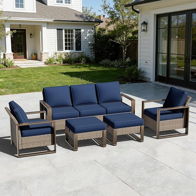 5 Pieces Metal Wicker Patio Furniture Set - 75" Sofa, Two Armchairs and Two Ottomans, All Weather Rattan Outdoor Conversation Furniture with Washable Cushion for Deck Porch, Dark Blue