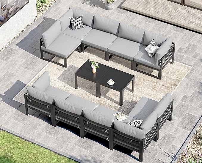 NICESOUL Large Luxury Aluminum Outdoor Sectional Sofa with Side Table, Weather Resistant Modular Patio Furniture Set for 10 People, 500 lbs Heavy Duty Conversation Couch for Poolside Lawn, Light Grey
