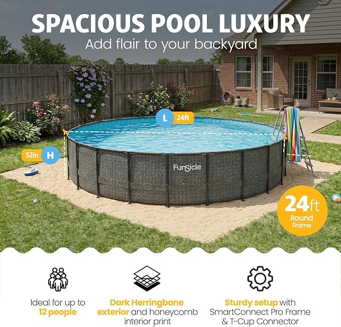 Funsicle Oasis Designer 24' x 52" Round Above Ground Swimming Pool, with 12" Sand Filter Pump, Ladder, Maintenance Kit, Cover, Ground Cloth & Repair Patch, Dark Herringbone