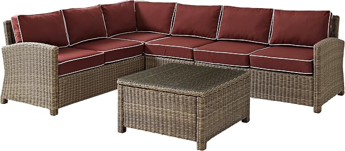 Crosley Furniture Bradenton 5-Piece Outdoor Sectional Sofa Wicker Conversation Patio Furniture Set for Deck, Brown with Sangria Cushions