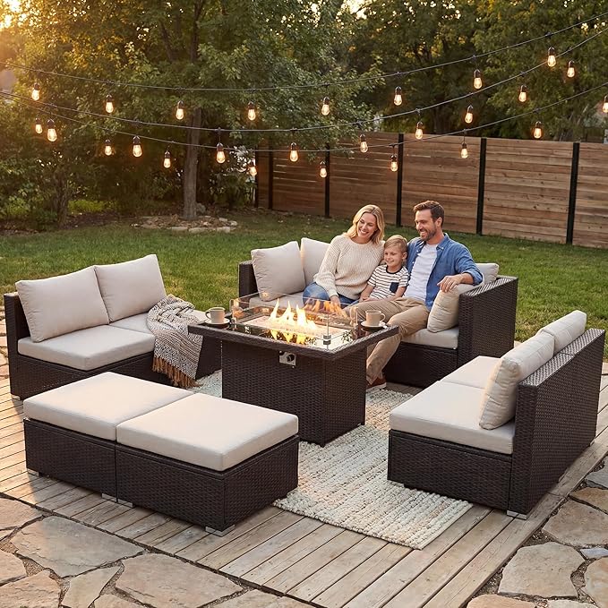 BULEXYARD 9 Piece Highback Patio Furniture Set with Fire Pit Table, Modern Modular Outdoor Sectional Couch Sofa with Ottoman, 8-Seater Backyard Seating for Exterior, Deck, Brown Wicker & Beige Cushion
