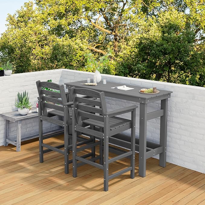 SERWALL Outdoor Bar Set - 2 Adirondack Bar Chairs & Bar Height Table with 1.6" Umbrella Hole, All-Weather HDPE Patio Furniture for Poolside, Backyard, Garden - Grey