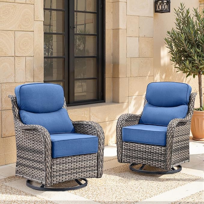 Swivel Patio Chairs Set of 2 with 6" Thick Cushion - Wicker Outdoor Swivel Rocker Patio Set, High Back Comfortable Outdoor Glider Chairs 360° Rotation Glider Gray Wicker - Blue Cushion