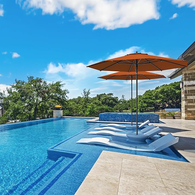 Midtown Umbrellas The Wooden 8 Feet Patio Umbrella With Sunbrella Terracotta Acrylic Fabric - Aluminum Frame Market Umbrella For Backyard, Deck, Garden, Pool - Wooden Pole