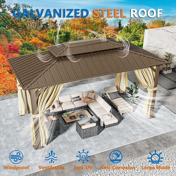 HOTEEL 10x15 Hardtop Gazebo On Clearance with Heavy Duty Galvanized Steel Metal Roof, Patio Hard Top Gazebo with Curtains & Netting,Outdoor Permanent Hot tub Pergola Pavillon for Backyard,Deck,Brown