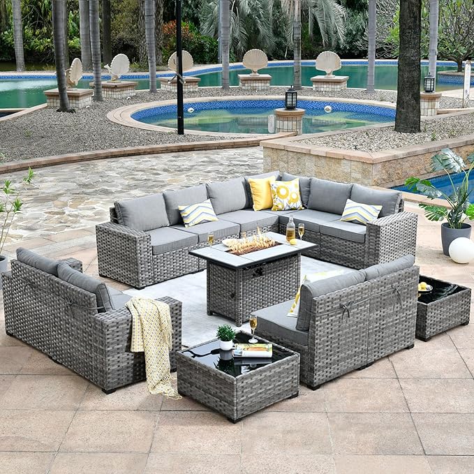 HOOOWOOO Outdoor Patio Sectional Furniture Sofa Set with Propane Fire Pit Table,13 Piece Large Modern Wicker Couch with Widened Armrest,Modular L Shaped Conversation Seating Set(Dark Grey)