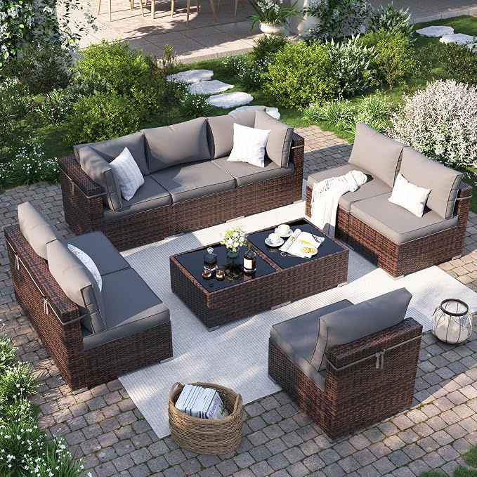 Patio Furniture Set, Modular 10-Piece Patio Conversation Sets with Coffee Table, All-Weather Wicker Outdoor Sectional for Backyard and Balcony, Grey (Waterproof Covers Included)