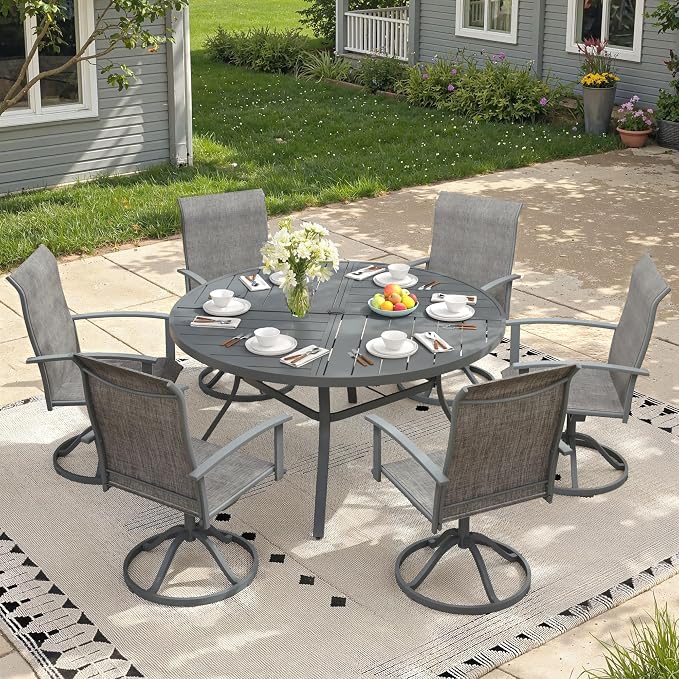7 Pieces Round Outdoor Table and Chairs Set, Patio Dining Set with 50" Round Spliced Outdoor Table and Patio Swivel Chairs for Backyard Lawn Garden, Dark Grey Table and Grey Chairs