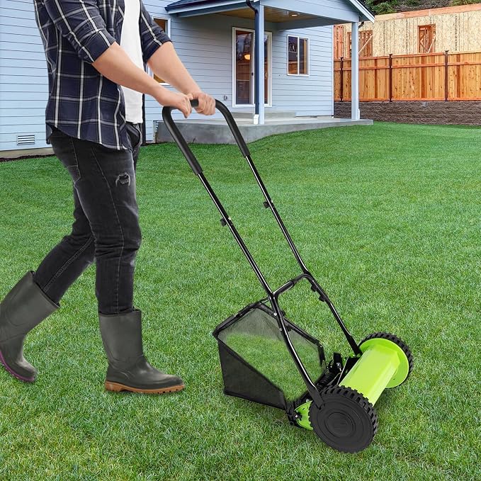 5-Blade Wheeled Manual Lawn Mower, 12 Inch Manual Push Reel Lawn Mower Push Lawn Sweeper, 0.67-1.3 in Adjustable Cutting Height Walk-Behind Lawn Mowers with 6-Gallon Collection Bag for Yard, Garden