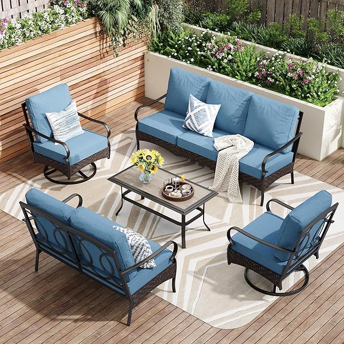 PHI VILLA Outdoor Modern Patio Furniture Set, Upgraded Wicker & Metal Patio Conversation Set with Waterproof Thick Cushions for Porch, Poolside, Yard(5 Pieces,Navy)