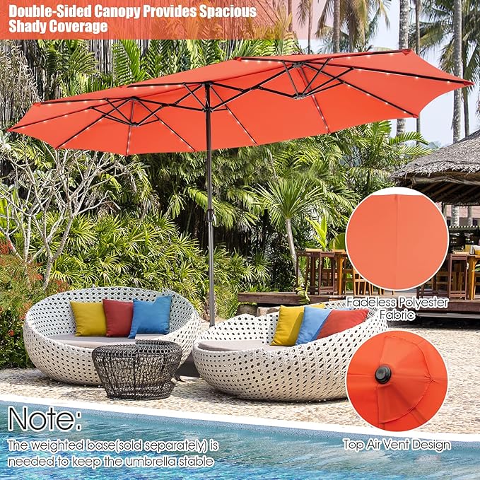 Giantex 15 FT Double Patio Umbrellas with 48 Solar LED Lights, Auto-Charging Panel, Crank System, Outdoor Extra-Large Rectangle Market Table Umbrella for Garden Deck Backyard Beach Pool