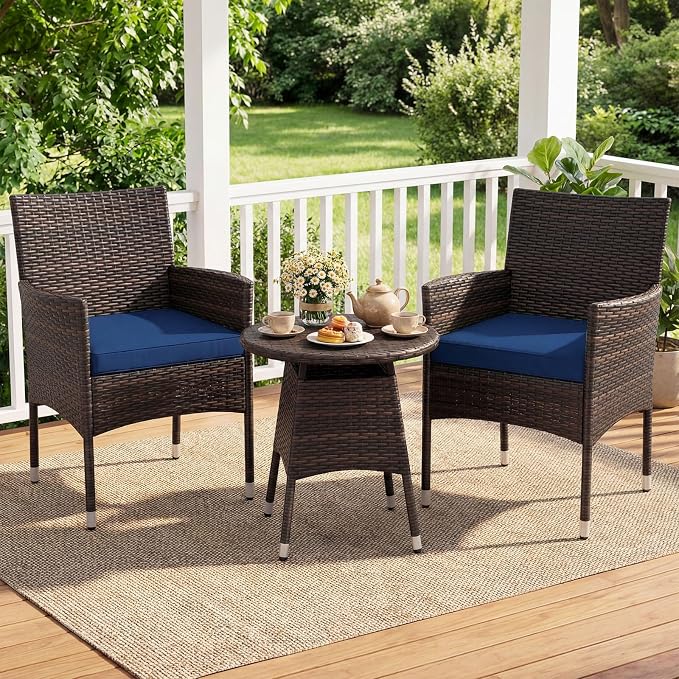 Tangkula 3 Piece Patio Furniture Set, Hand-Woven PE Wicker Conversation Set with Contoured Armchairs, Cushions & Round Coffee Table, Outside Bistro Set for Porch, Backyard, Balcony (Navy Blue)