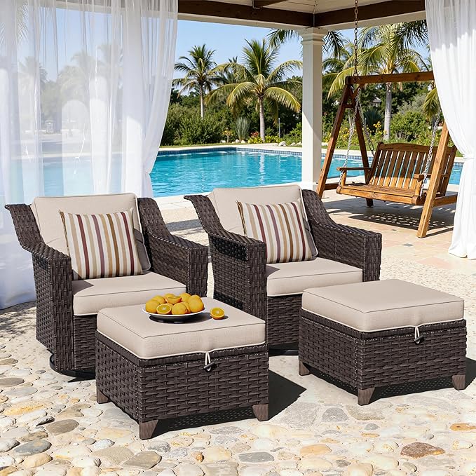 4 Pieces Patio Conversation Furniture Set - 2 Swivel Chairs, 2 Ottomans, Outdoor Wicker Furniture with Removable Cushions for Porch, Balcony, Sunroom (Beige)