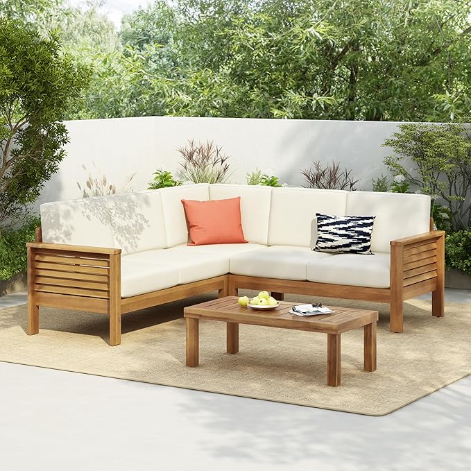 Christopher Knight Home Havets 81.25" Sectional L Shaped Sofa, 4 Pieces Acacia Wood Patio Furniture Set, Slat Coffee Table, Spacious Seat and Table Set for Backyard Garden Balcony, Teak+Beige