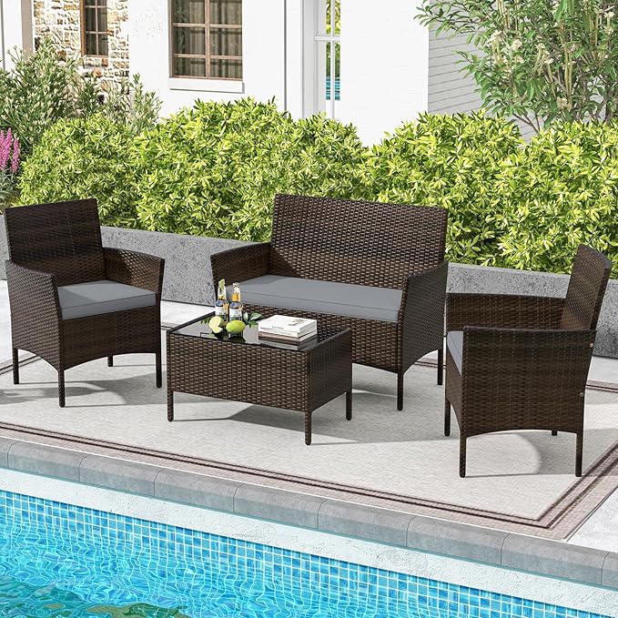 DORTALA 4-Piece Rattan Patio Furniture Set, Outdoor Table & Chair Set with Tempered Glass Coffee Table, Cushion, Wicker Conversation Set for Garden, Lawn, Poolside and Backyard, Gray
