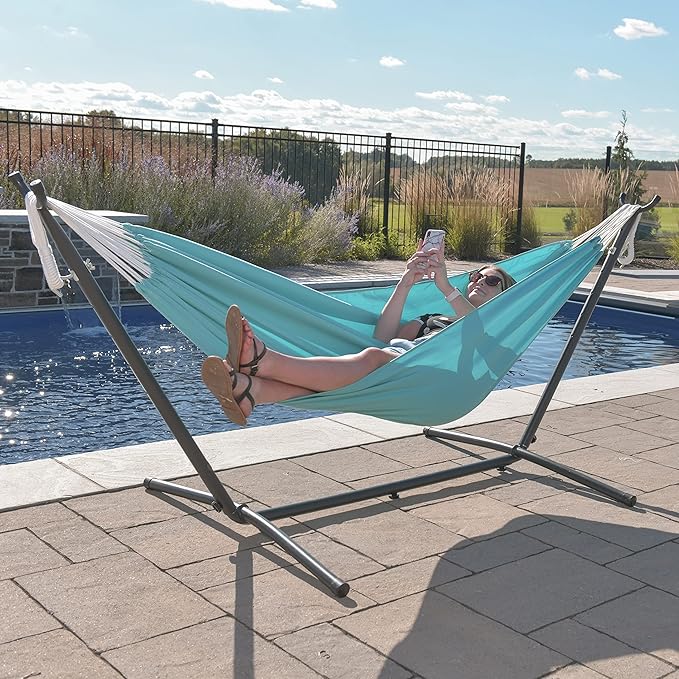 Vivere Double Sunbrella Hammock, Weather-Ready Outdoor Lounger with Space-Saving Steel Stand and Carry Bag, 450 Lb Capacity, 9 Foot, Aruba