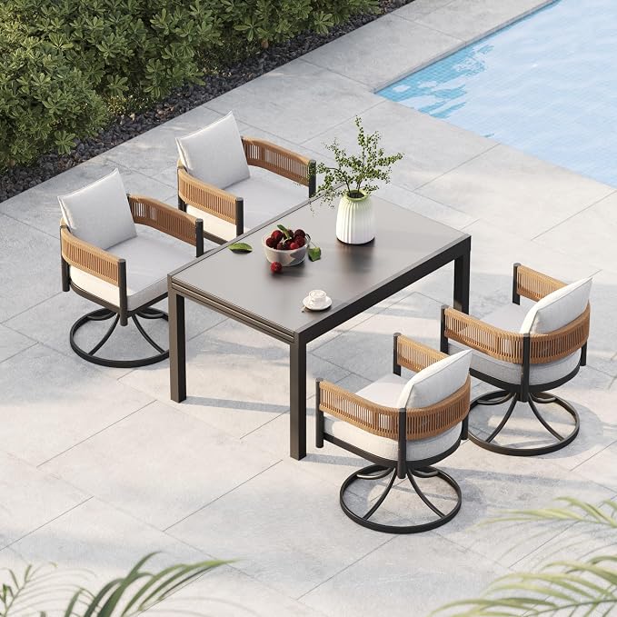 Grand patio 9-Piece Expandable Table Dining Set for 6 to 10, Aluminum Outdoor Dining Table with Glass Tabletop, Metal Woven Wicker Swivel Patio Chairs with Cushions for Yard, Poolside, Deck (Natural)